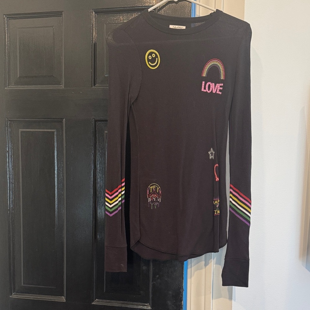 Lauren Moshi Black Ribbed Long-Sleeve Tee with Rainbow and Patch Details